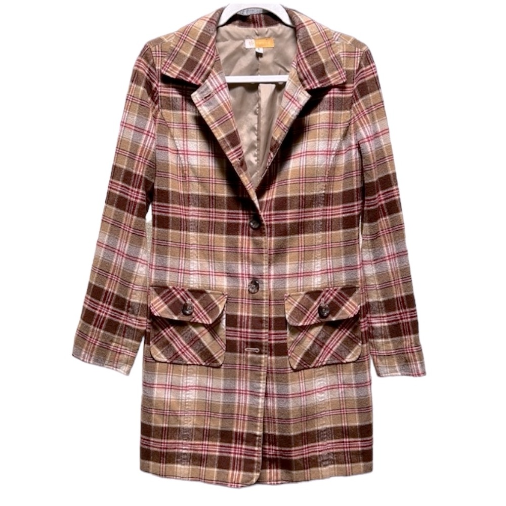 Anthropologie Tulle Plaid Long Jacket Large Brown/Tan L